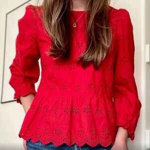 Madewell Red Eyelet Keyhole Peplum Top